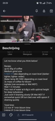 Dit recept met 1 pour is handig om te kijken hoe de dial in werkt en daarna tweaken<br /><br />Darker roast (medium roast) als eerste variabel temperatuur verlagen. (Theorie/test: kortere bloom (30 seconde) kan beter smaken)<br /><br />Light roast(lees: ultra light nordic style) voor hoge extractie, aantal pours vermeerderen (theorie/test: lange, 2 minuut bloom kan beter smaken, lange bloom=hoge TDS)<br /><br />Voor light roast washed kan fast flow pour gebruikt worden met veel turbulentie. Spuit hoger houden<br />Voor Naturals en anaerobic soorten: juist minder pushen naar de maximale, temperatuur verlagen, minder turbulente pours, minder aantal pours of gewoon 1 pour aanhouden. Grover malen etc.