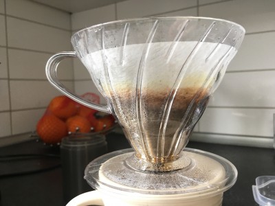 Filter na opschenken, 200 gram water, 14 gram koffie.
